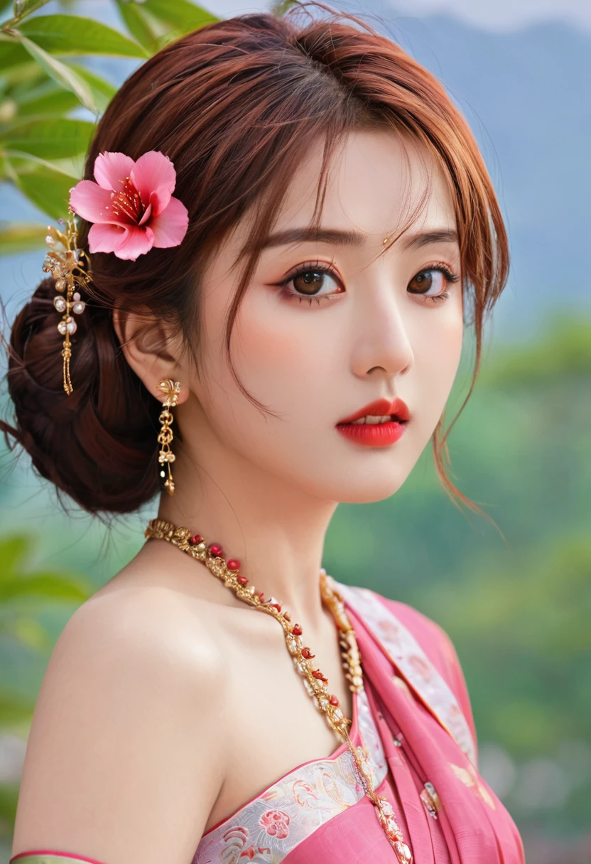 (masterpiece),(best quality:1.0), (Ultra-high resolution:1.0), detailed illustration, 8K, Japanese cartoons, 1 Girl, beautiful Japanese cartoons girl, Wearing a sari, Wearing a pink saree, Beautiful posture, Pretty Face, detailed face, beautiful eyes, Crimson eyes, detailed eyes, Red lips, Red lipstick, Slightly brown hair, There is a pink flower on the ear, Hair highlights, permanent, Red flowers on a tree behind, Clear sky，cloudy, detailed, complex, Japanese cartoons style, highly detailed