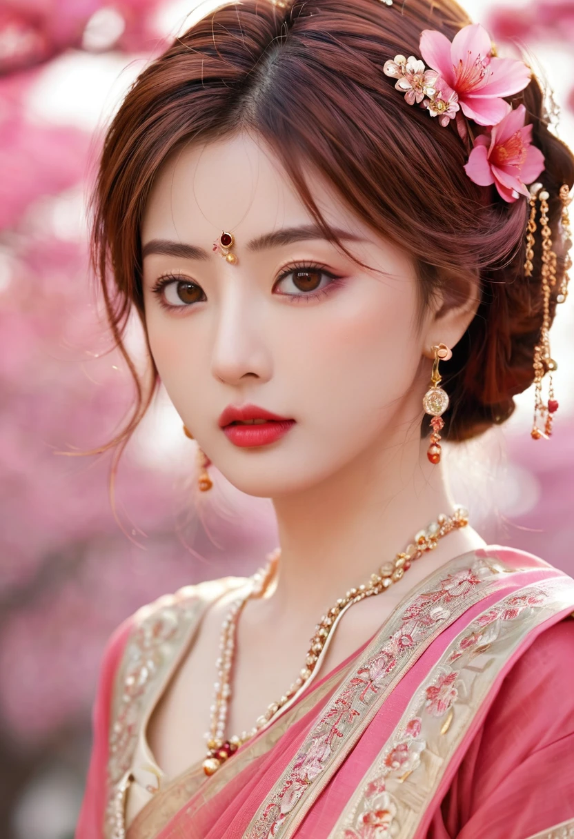 (masterpiece),(best quality:1.0), (Ultra-high resolution:1.0), detailed illustration, 8K, Japanese cartoons, 1 Girl, beautiful Japanese cartoons girl, Wearing a sari, Wearing a pink saree, Beautiful posture, Pretty Face, detailed face, beautiful eyes, Crimson eyes, detailed eyes, Red lips, Red lipstick, Slightly brown hair, There is a pink flower on the ear, Hair highlights, permanent, Red flowers on a tree behind, Clear sky,cloudy, detailed, complex, Japanese cartoons style, highly detailed
