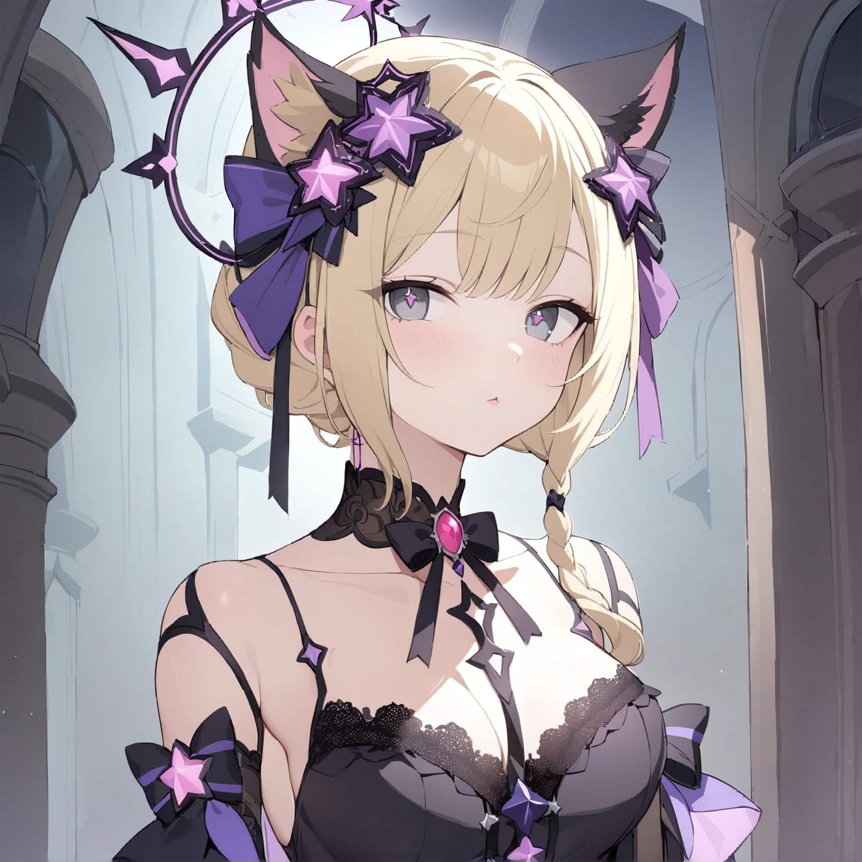 17 year old woman, medium chest, wide hip. (character design sheet: front view). (Blonde hair with pink details, waist-length curly wavy hair with a short center strand, She has a short braid tied with an elegant purple bow on the left side of her hair.. She has a short braid tied with an elegant purple bow on the right side of her hair. She has small ribbons in the back of her hair.). Gray eyes with a purple 4-pointed star in the pupil. Two black and purple serval ears located on the top of the head. Luminous black halo with purple star patterns above his head. black necklace with heart emblem on the neck. (Elegant one-piece long dress with lace and ruffle skirt, ribbon decorations and star patterns on the dress). black gloves. gray belt at the waist with a large ribbon with a luminous pink heart in the middle. It has a succubus tail with a small purple star on the tip. (It has complex mechanical legs that reach up to the thighs and are black with small purple details.). beautiful detailed hair, beautiful detailed dress. extremely detailed arms. extremely detailed face, small face, Beautiful detailed eyes, beautiful detailed lips. adorable. extremely detailed legs. (Best Quality, 4k, 8k, high resolution), ultra detailed, Exquisite and epic character art.
