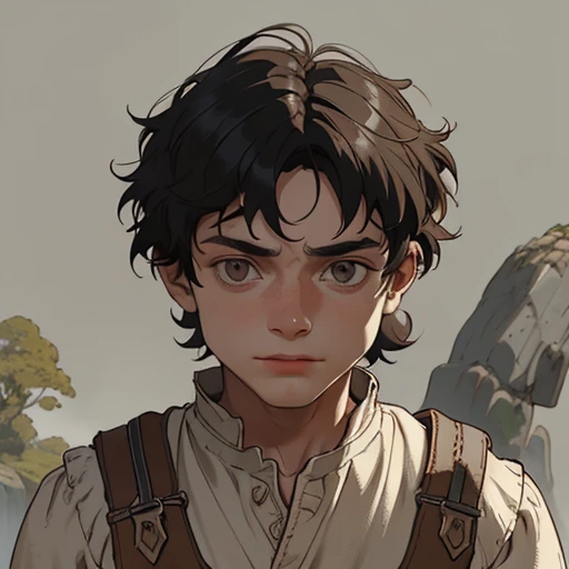 (masterpiece), (best quality),(portrait),(bust up),1boy,solo,(sharp focus),(look at viewer),Frodo Baggins, young boy,hobbit,ancient long clothes,(simple background),old school fantasy art,super shiny face,Ultra Glossy Skin,medieval farmer outfit,poor outfit,farmer,beige outfit