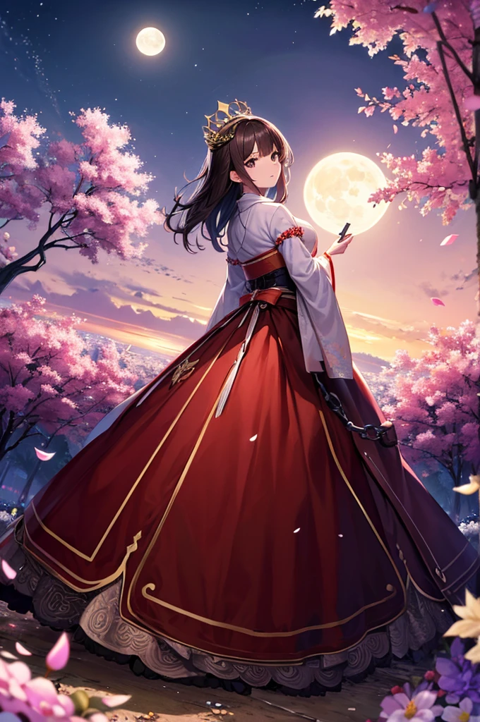 Highest quality, expensive_solve, clear_image, Detailed Background ,girl, hanbok,flower,garden,moon, night,Dutch Angle, Wide Shot, Crown,