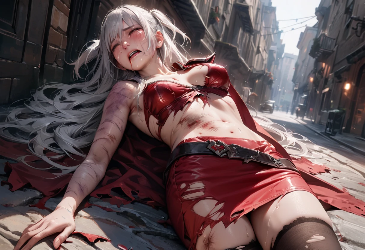 (best quality), (masterpiece, realistic), high res, all detailed, perfect anatomy, (two side up), long hair, silver hair, (red pencil Dress, single shoulders armor, single shoulders Cape, pencil miniskirt), medium cleavage, black thigh-highs, (injury skin, scar skin, bleeding skin, torn clothes:1.2), Broken Armor, BREAK NSFW, solo, 1girl, (tears:1.18), sigh, blush, sweat, saliva trail, (outdoors, street, stone flooring), cinematic lighting, diffraction spikes, zettai ryouiki, (from below),