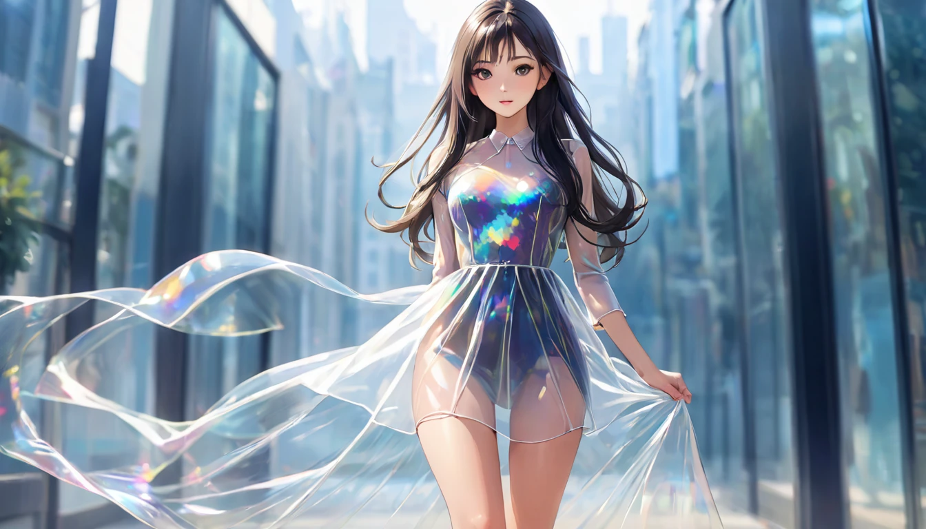the perfectly proportioned beautiful woman, shaped legs, transparent dress, long hair, in the blurry background