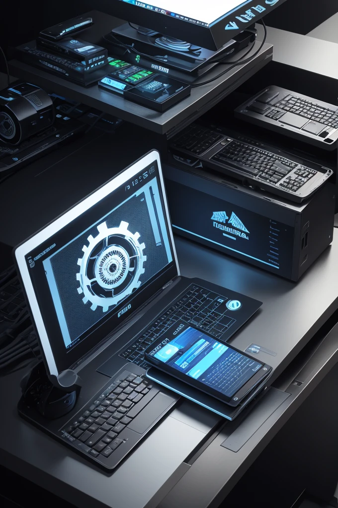 a logo for a mug, mixing a computer as a symbol of information technology and some gears