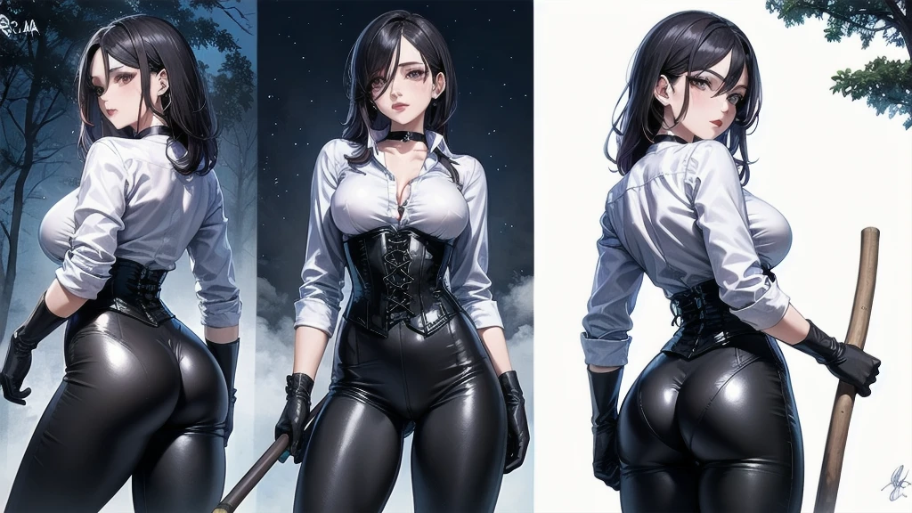Masterpiece, Beautiful art, professional artist, 8k, Very detailed face, Detailed clothing, detailed fabric, 2 girls, view from behind, perfect ass, standing, BIG BREASTS, perfectly drawn body, shy expression, pale skin, beautiful face, long black hair, 4k eyes, very detailed eyes, pink cheeks, choker:1.6, (white long sleeve button down shirt with white collar), black gloves, gloves that cover hands, (holds an ax with his right hand), (black leather corset), (shiny black leggings), Sensual Lips, show details in the eyes, dark forest, Atmosphere, fog, At night