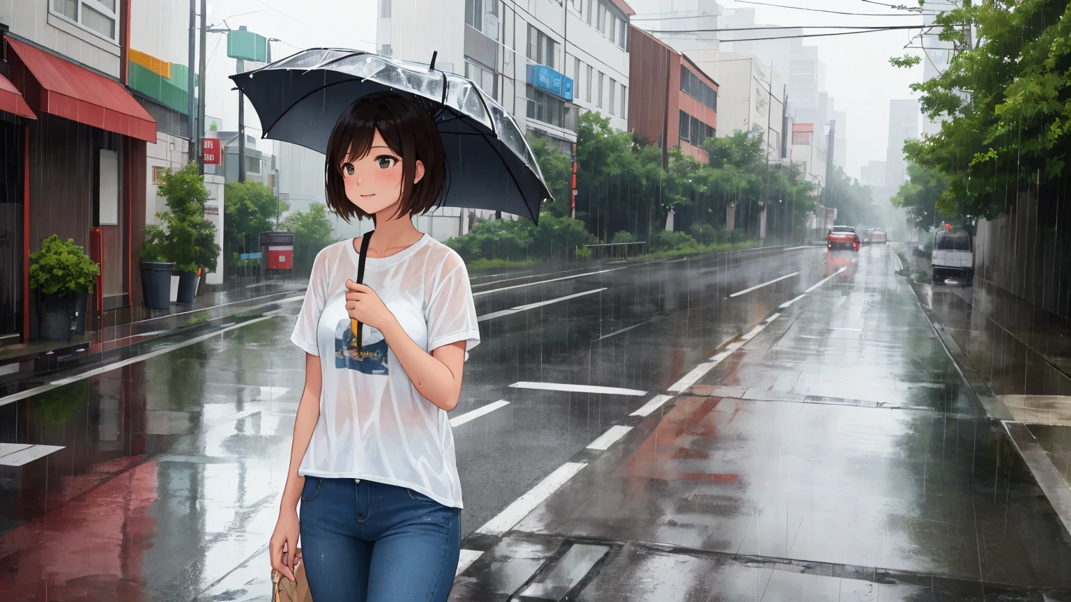 An empty street on a rainy summer day、A shot of a woman。The woman has light brown, very short bob hair that is wet from the rain。The woman is wearing a white T-shirt and jeans.。The woman is soaked in the rain。She has a cute &#39;tehepero&#39; gesture.。