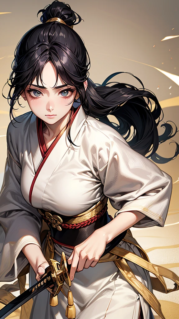 Highest quality, Ultra-high resolution, (Realistic: 1.4), beautiful Eyes, Super beautiful, beautiful, Warrior, Japanese clothing、 Dance、((Black Hair、ponytail)),White and gold tones、 sword、beautiful Soldier, Eyes that beckon, Mistress&#39;s point of view, Droopy eyes、Attractive look, Sexy smile, Perfect Style, Perfect balance, Detailed skin, Mischievous Gaze,beautiful背景