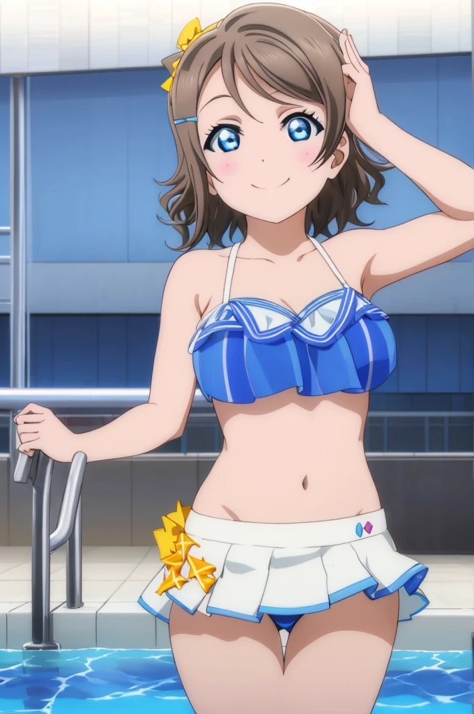 (((pixel-perfect, detail-perfect))), solo, 1girl, you watanabe, eyes azzur, smile, bikini, pool, armpit, big filesize, ultra High Qality