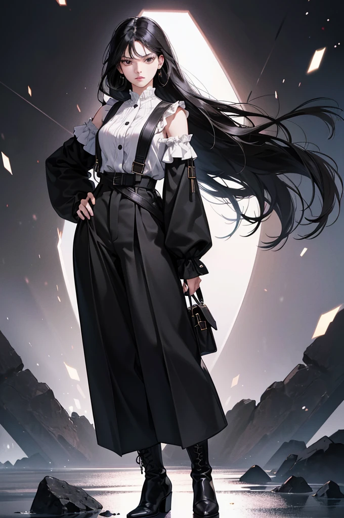 30-year-old woman, long black hair, serious, black eyes, wears old-fashioned clothing, black baggy pants, black boots, white blouse with long sleeves and exposed shoulders, powers of darkness, dark background. 