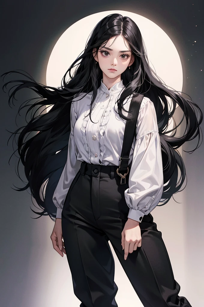 30-year-old woman, long black hair, serious, black eyes, wears old-fashioned clothing, black baggy pants, black boots, white blouse with long sleeves and exposed shoulders, powers of darkness, dark background.
