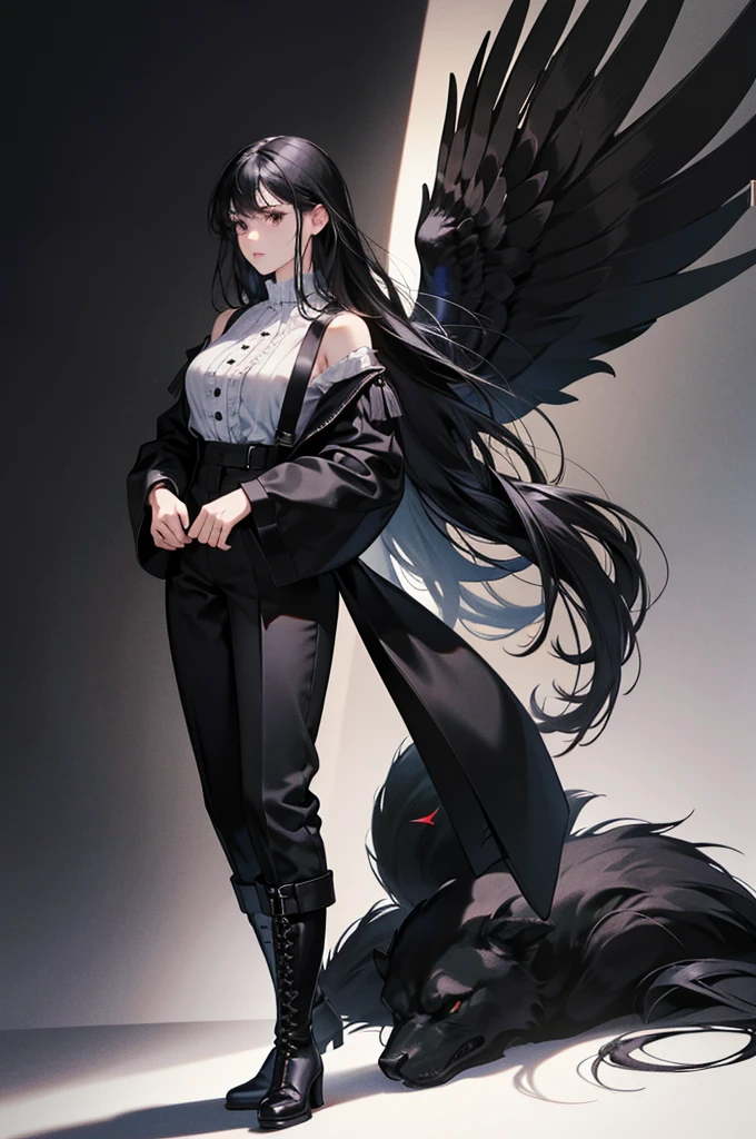 30-year-old woman, long black hair, serious, black eyes, wears old-fashioned clothing, black baggy pants, black boots, white blouse with long sleeves and exposed shoulders, powers of darkness, dark background.