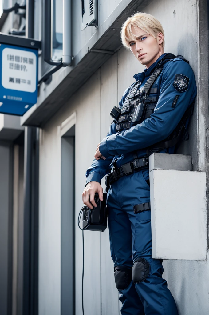 A man with blond hair and blue eyes is in a surveillance outfit shaking his head