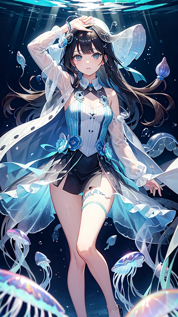 girl、Transparent jellyfish、Surrounded by iridescent jellyfish、Transparent