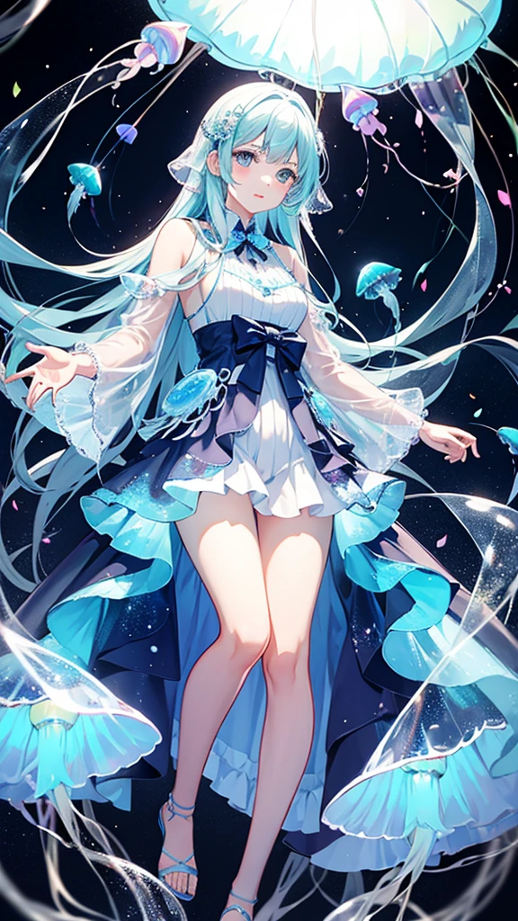 girl、Transparent jellyfish、Surrounded by iridescent jellyfish、Transparent
