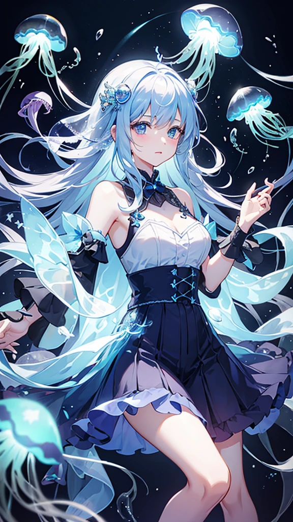girl、Transparent jellyfish、Surrounded by iridescent jellyfish、Transparent