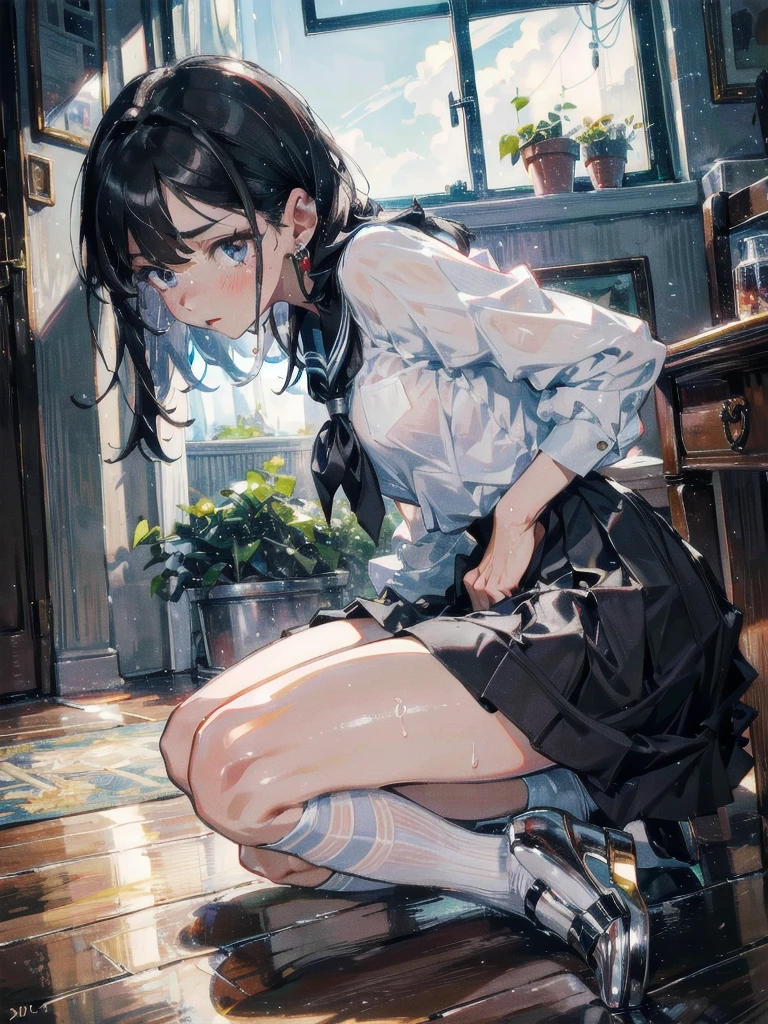 absurdres, RAW photo, extremely delicate and beautiful, masterpiece, Best Quality, ultra high resolution, 32k, hyperrealistic, ultra-detailed, perfect figure, in her 20s, very small head, very small face, delicate facial features, tearful mole, earring, huge breasts, legs, full body shot, medium hair, black hair, Colored inner hair, sweat, school_uniform,