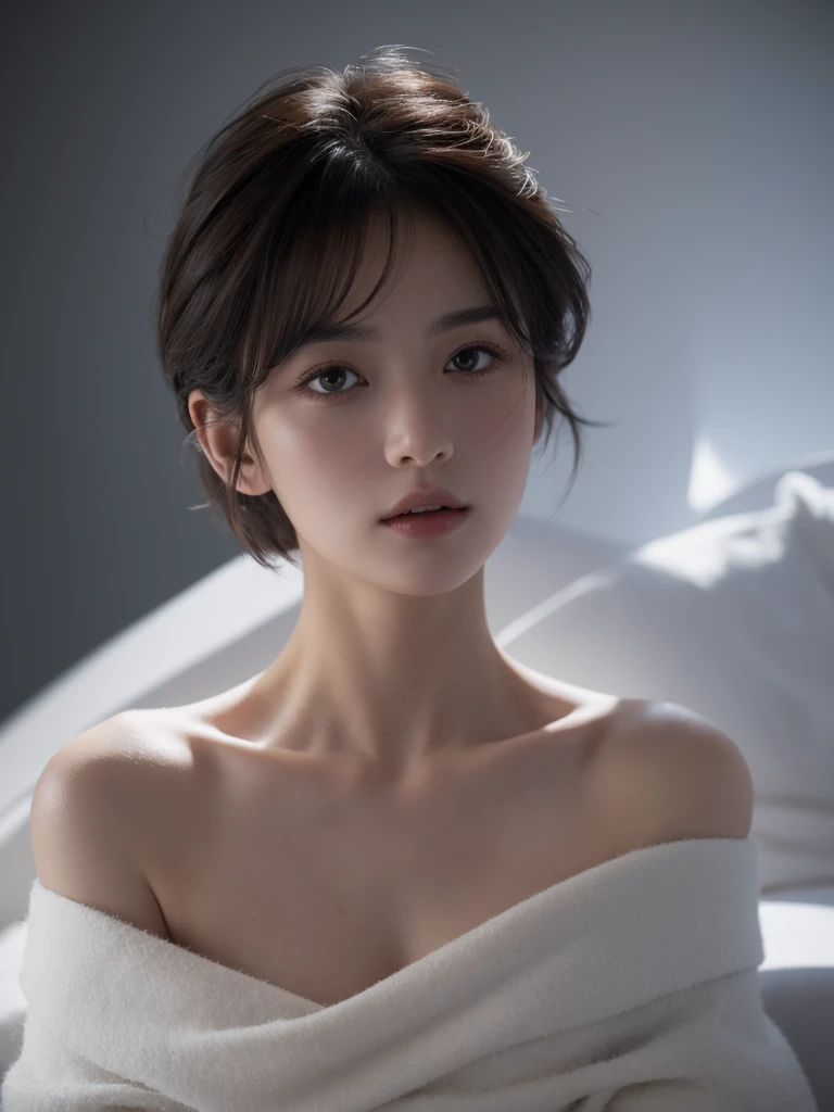 Best quality, masterpiece, ultra high res, (photorealistic:1.5), raw photo, 1girl, offshoulder, in the dark, deep shadow, low key, cold light, sexy look, short hair