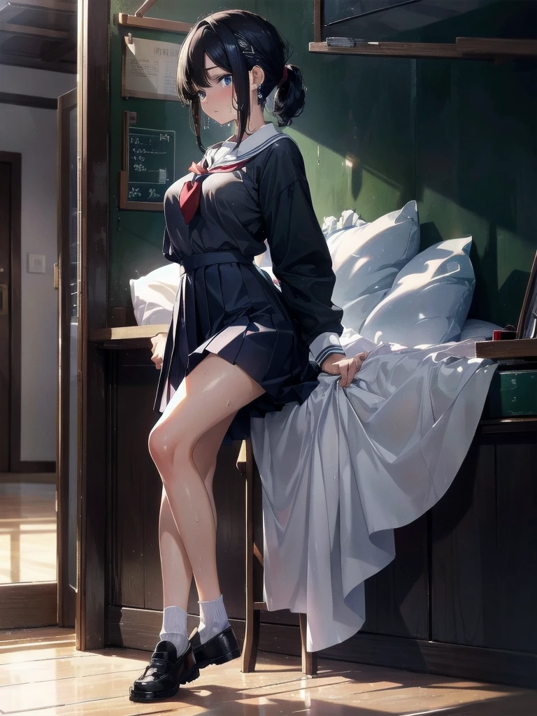 absurdres, RAW photo, extremely delicate and beautiful, masterpiece, Best Quality, ultra high resolution, 32k, hyperrealistic, ultra-detailed, perfect figure, in her 20s, very small head, very small face, delicate facial features, tearful mole, earring, huge breasts, legs, full body shot, medium hair, black hair, Colored inner hair, sweat, school_uniform,