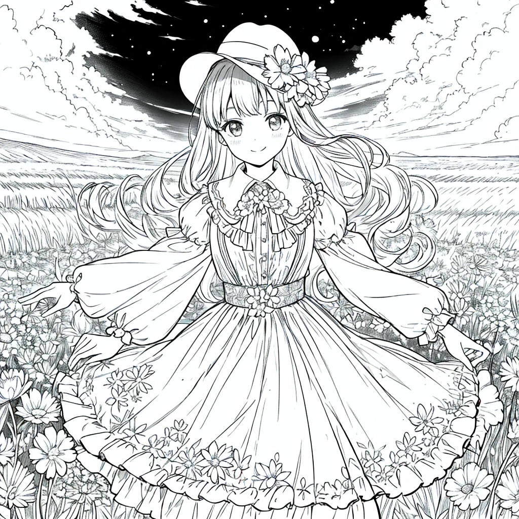 masterpiece, Highest quality, 1 Barbie, alone, Long Hair, Watching the audience, smile, fringe, skirt, shirt, Long sleeve, sombrero, dress, bow, Participation, Closed Mouth, flower, Steering Wheel, flower del cabello, flowerびら, ramo de floweres, Clamp Flower, Steering Wheel centrales, Food, flower束を挟む, Field, flower, Field, Line art, Monochrome,