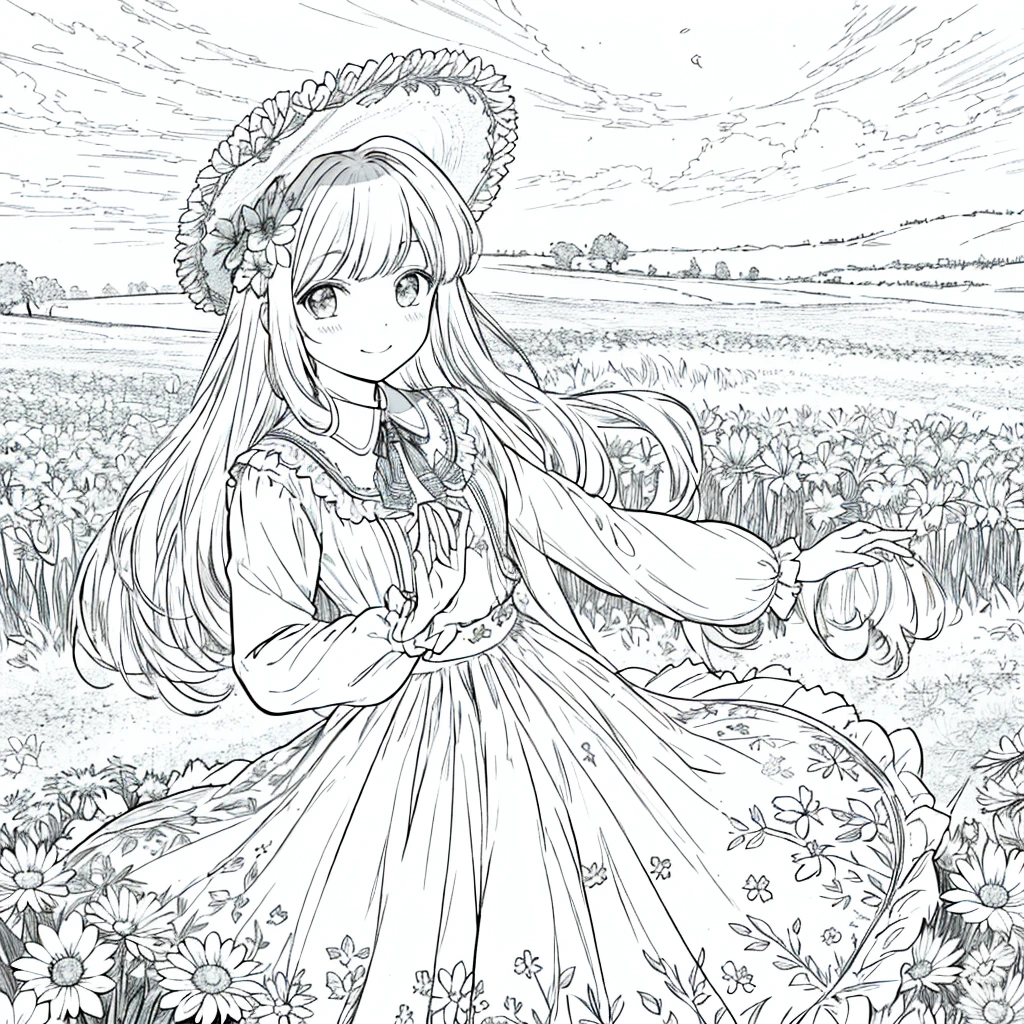 masterpiece, Highest quality, 1 Barbie, alone, Long Hair, Watching the audience, smile, fringe, skirt, shirt, Long sleeve, sombrero, dress, bow, Participation, Closed Mouth, flower, Steering Wheel, flower del cabello, flowerびら, ramo de floweres, Clamp Flower, Steering Wheel centrales, Food, flower束を挟む, Field, flower, Field, Line art, Monochrome,