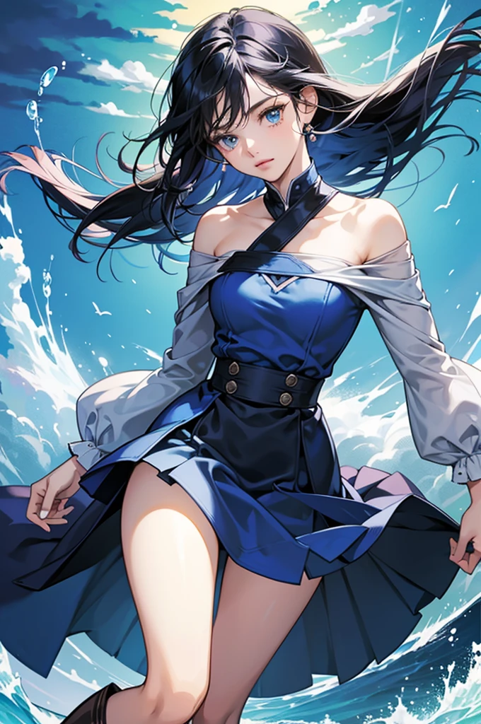 20 years old, with short dark blue hair to the shoulders, a serious yet tender expression, and bright light blue eyes. She dresses in an antique style, wearing a long dark blue skirt that reaches her knees, and small dark brown boots up to her ankles. Her white blouse is long-sleeved, covering her fingers slightly, and falls off one shoulder, leaving it exposed. She possesses water powers and has a water-themed background.