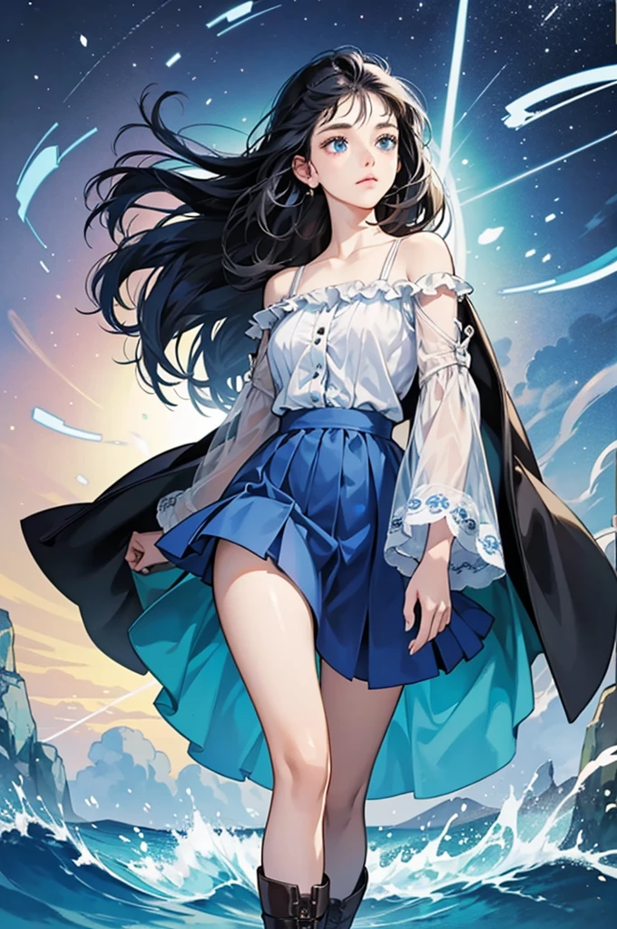 20 years old, with short dark blue hair to the shoulders, a serious yet tender expression, and bright light blue eyes. She dresses in an antique style, wearing a long dark blue skirt that reaches her knees, and small dark brown boots up to her ankles. Her white blouse is long-sleeved, covering her fingers slightly, and falls off one shoulder, leaving it exposed. She possesses water powers and has a water-themed background. 