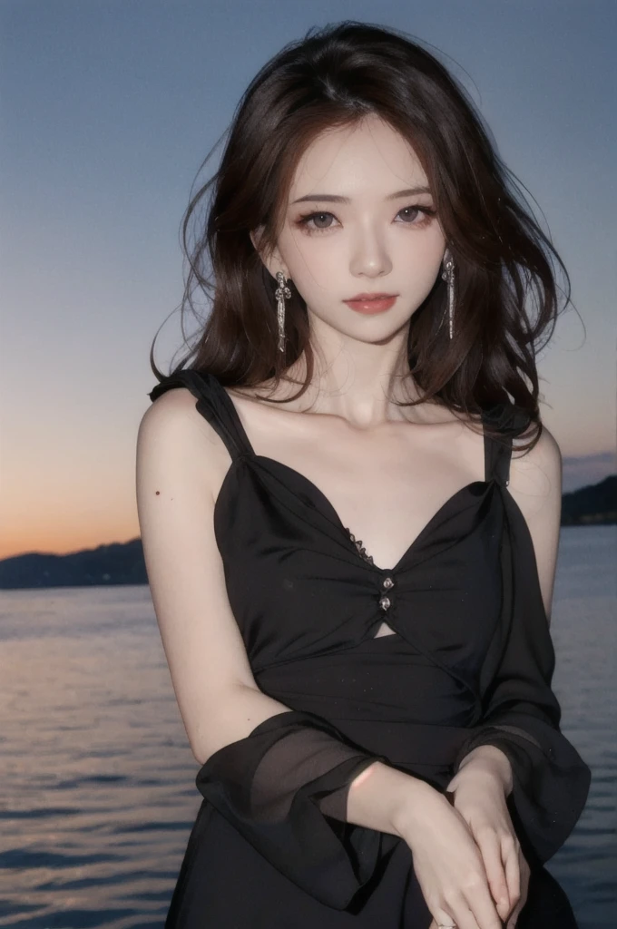 1girl, high quality, masterpiece, standing, looking at viewer, mole, black dress, see-through, lace trim ,upper body,ocean, small breasts, mole, parted lips, night, crescent, dim light, 