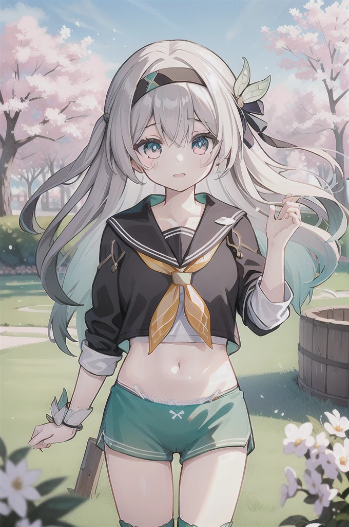 masterpiece,best quality,highres,ultra-detailed,(facing_viewer:1.1),solo,1girl,small breasts,standing,outdoors,garden,cherry blossom,trees,cowboy shot,firefly,black hairband,long hair,grey hair,(((white_shirt))),[[shirt]],long_sleeves,serafuku,bowleg,(((no_pants,panties,green_panties,underwear))),