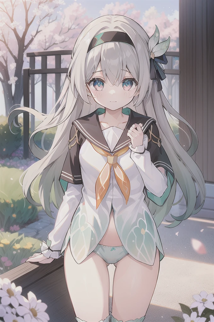 masterpiece,best quality,highres,ultra-detailed,(facing_viewer:1.1),solo,1girl,small breasts,standing,outdoors,garden,cherry blossom,trees,cowboy shot,firefly,black hairband,long hair,grey hair,(((white_shirt))),[[shirt]],long_sleeves,serafuku,bowleg,(((no_pants,panties,green_panties,underwear))),
