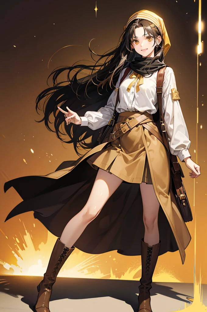 "Tall Girl, 20 years old, with long black hair down to her waist, golden eyes, and smile. She dresses in an antique style, She wears a brown skirt longer on one side than the other, large brown boots up to the knees with lots of ribbons, a backpack, a white blouse, and a hijab on her head. , She possesses golden powers and has a golden-themed background." 