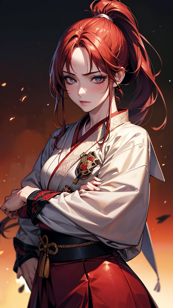 Highest quality, Ultra-high resolution, (Realistic: 1.4), beautiful Eyes, Super beautiful, beautiful, Warrior, Japanese clothing、 Dance、((Red Hair、ponytail)),Scarlet shades、 sword、inflammation、beautiful Soldier, Eyes that beckon, ????????'s point of view, Droopy eyes、Attractive look, Sexy smile, Perfect Style, Perfect balance, Detailed skin, Mischievous Gaze,battlefield