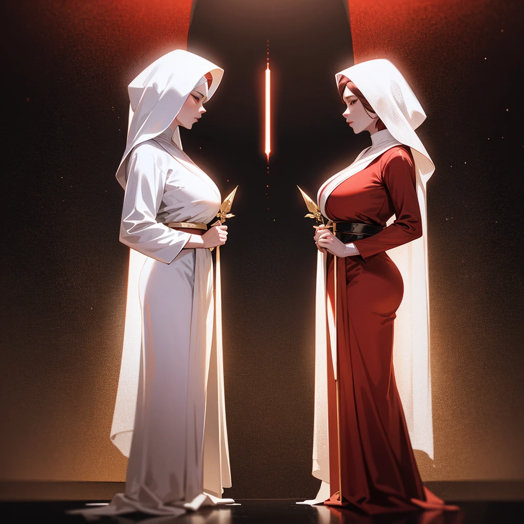 2 beautiful woman, ((standing face to face)), one in a (white/gold gedi robe), one beautiful woman in a (black/red sith lord costume), 2 women, star wars, hyperrealistic, 8k, highly detailed, photorealistic, dramatic lighting, cinematic composition, intricate costume details, elegant poses, dynamic movement, moody color palette, dramatic shadows, vivid colors, stunning visuals