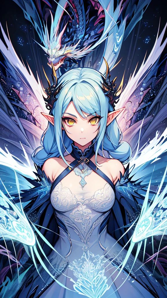 (beautiful and aesthetic:1.2), (1girl), extreme detailed,(fractal art:1.3),colorful,highest detailed, cute young girl, light blue hair, long hair, small braids hair, yellow eyes, elf ears, dragon tail, dragon thorn, muscular body, small breast, light blue dress