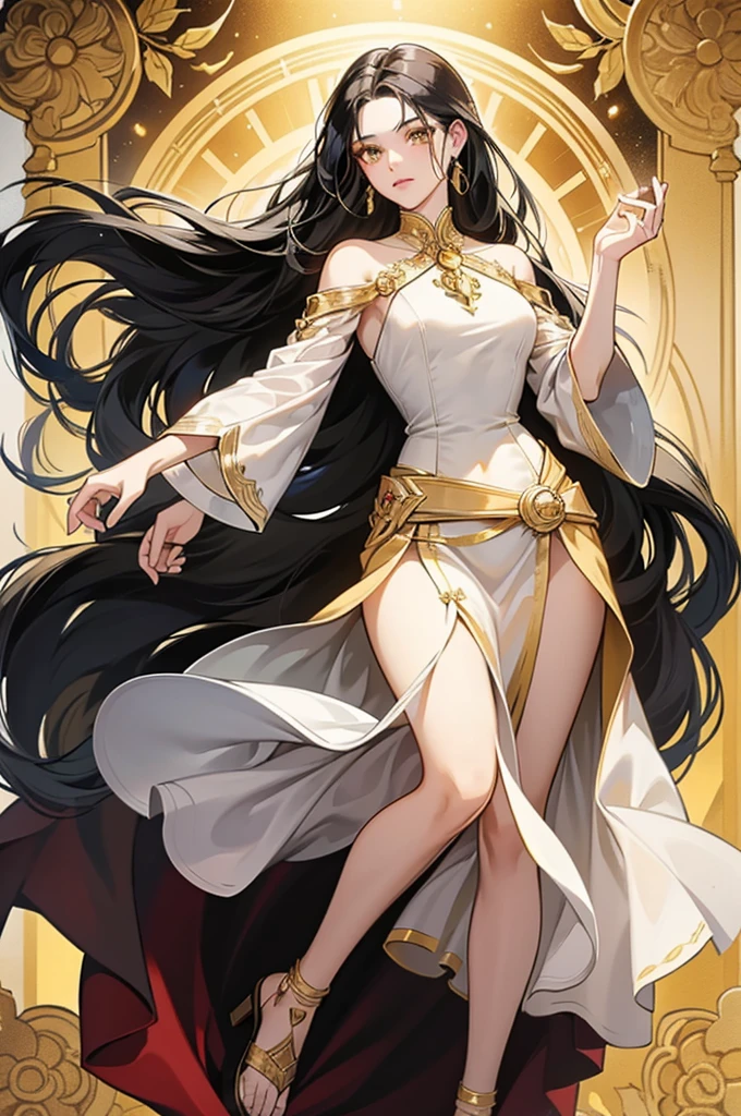 20 years old, with long black hair down to her waist, golden eyes. She wears jewelry and dresses in an antique style, donning a long white dress with golden details. She wears elegant gladiator sandals. She possesses golden powers and has a golden-themed background.