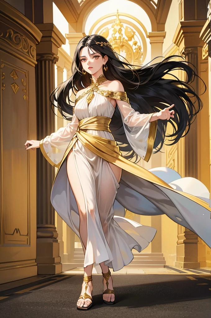 20 years old, with long black hair down to her waist, golden eyes. She wears jewelry and dresses in an antique style, donning a long white dress with golden details. She wears elegant gladiator sandals. She possesses golden powers and has a golden-themed background. 