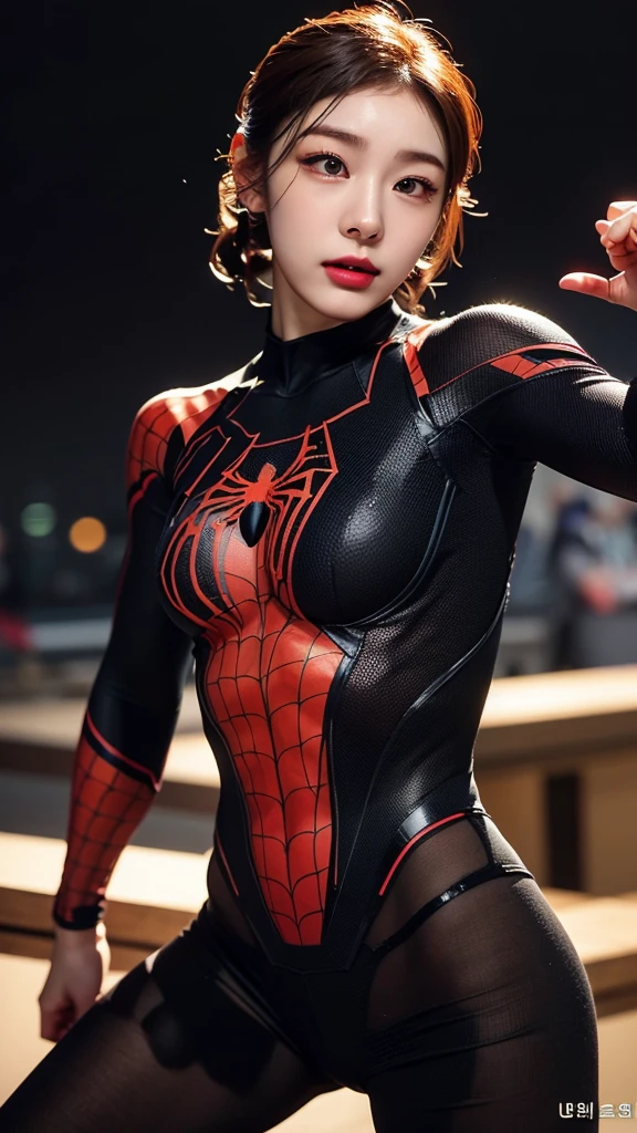 tmasterpiece,1 Korean girl，realisticlying，8K  UHD，high high quality，in the background bokeh, spider-man black suit，Spidey，Clothes wrap around the whole body，Tight clothing，Abs contour，Short black hair，s the perfect face，shining face，Ultra-clear face，Elaborate Eyes，idoly