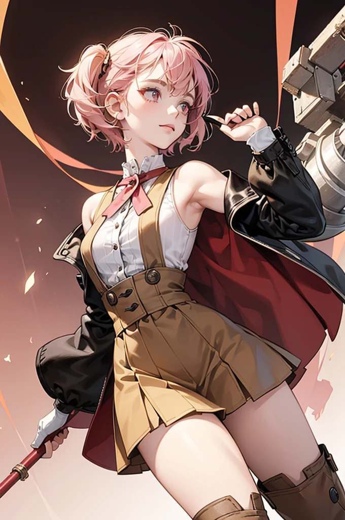 20 years old, with short pink hair just below the shoulders, pale pink eyes, and an expression that is serious yet happy. She dresses in an antique style, wearing a long light brown skirt, a sleeveless white blouse with a vertical red line down the center on the buttons, brown gloves, and high boots with many straps. Her weapons are hundreds of needles connected by thread. 