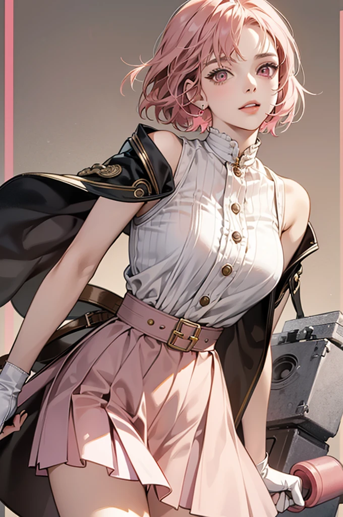 20 years old, with short pink hair just below the shoulders, pale pink eyes, and an expression that is serious yet happy. She dresses in an antique style, wearing a long light brown skirt, a sleeveless white blouse with a vertical red line down the center on the buttons, brown gloves, and high boots with many straps. Her weapons are hundreds of needles connected by thread.