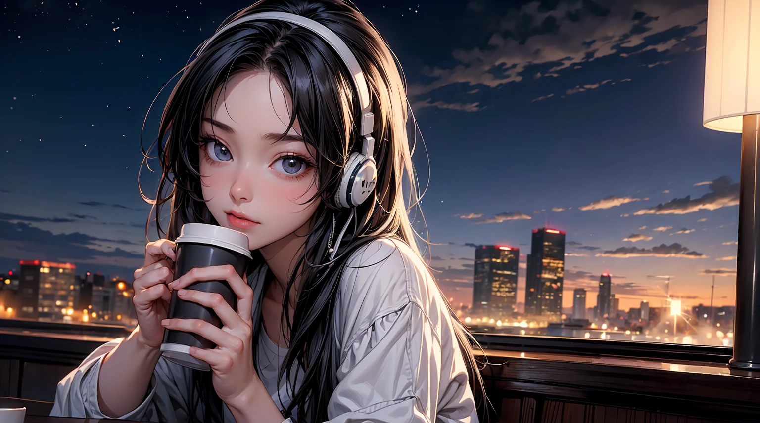 ((masterpiece)),(((bestquality))),((ultra-detailed)) realisticlying, 1 girl, Beautiful, wearing headphones, enjoying hot coffee solo, Late Night Cafe, looking to viewer, city, starry sky, cloud, night.