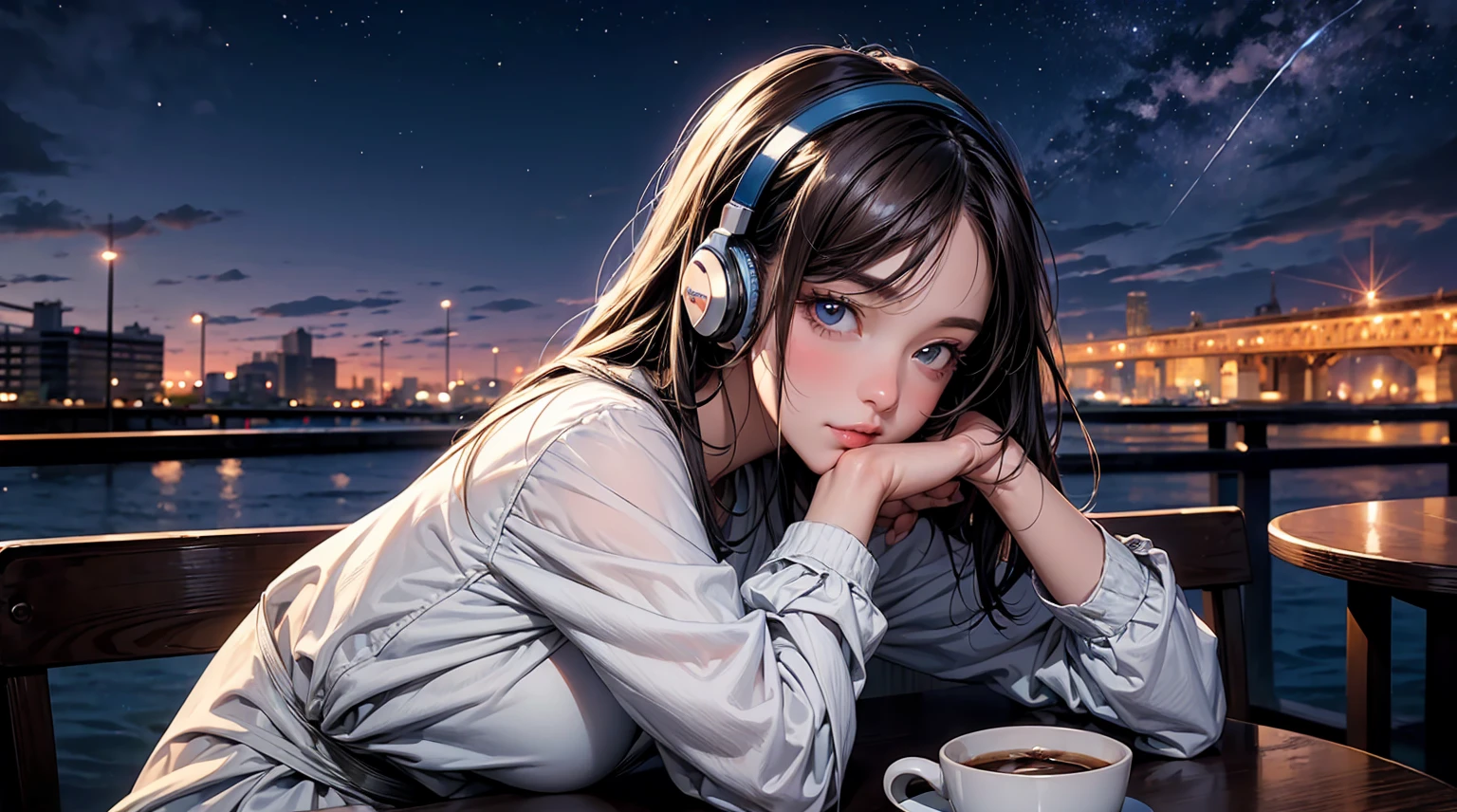 ((masterpiece)),(((bestquality))),((ultra-detailed)) realisticlying, 1 girl, Beautiful, wearing headphones, enjoying hot coffee solo, Late Night Cafe, looking to viewer, city, starry sky, cloud, night.
