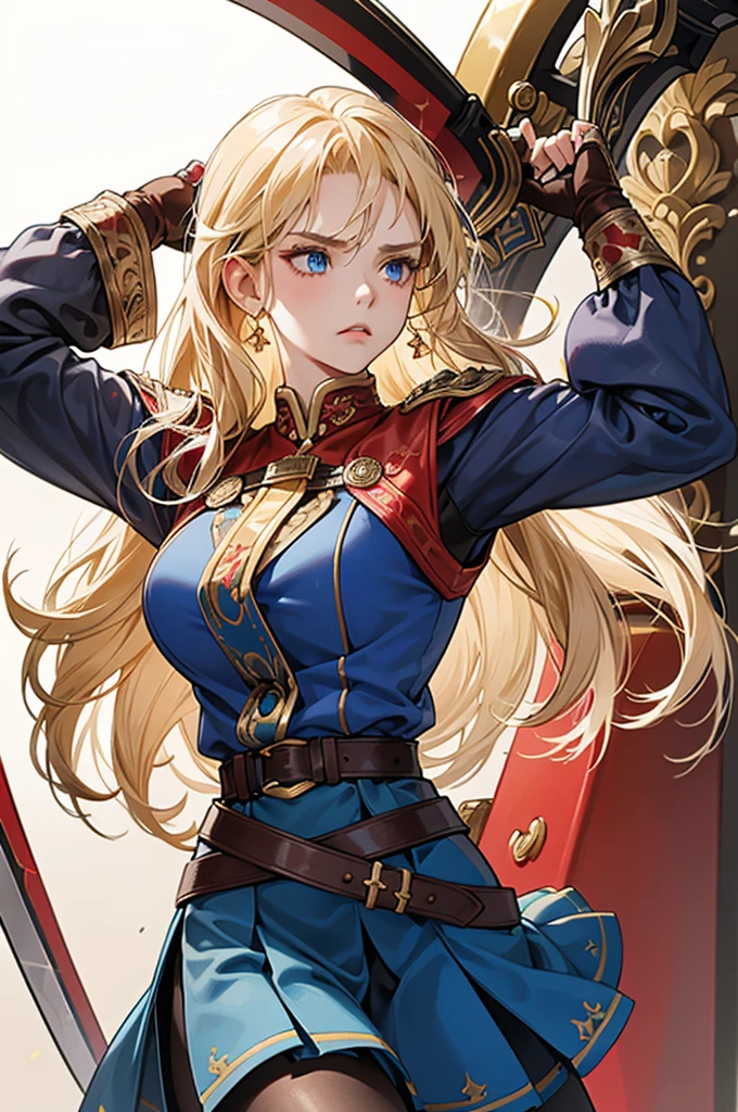 20-year-old girl, long blonde hair, blue eyes, angry expression, long dark blue skirt with gold embroidery at the hem, old-fashioned blue blouse with long fitted sleeves, adorned with red details, red leather gloves that reach her elbows, dark brown leather boots that reach mid-calf, leather belt adorned with a golden buckle and red details, her weapon is a huge greatsword with a gold and red decorated handle, hanging on her back in an ornate sheath.