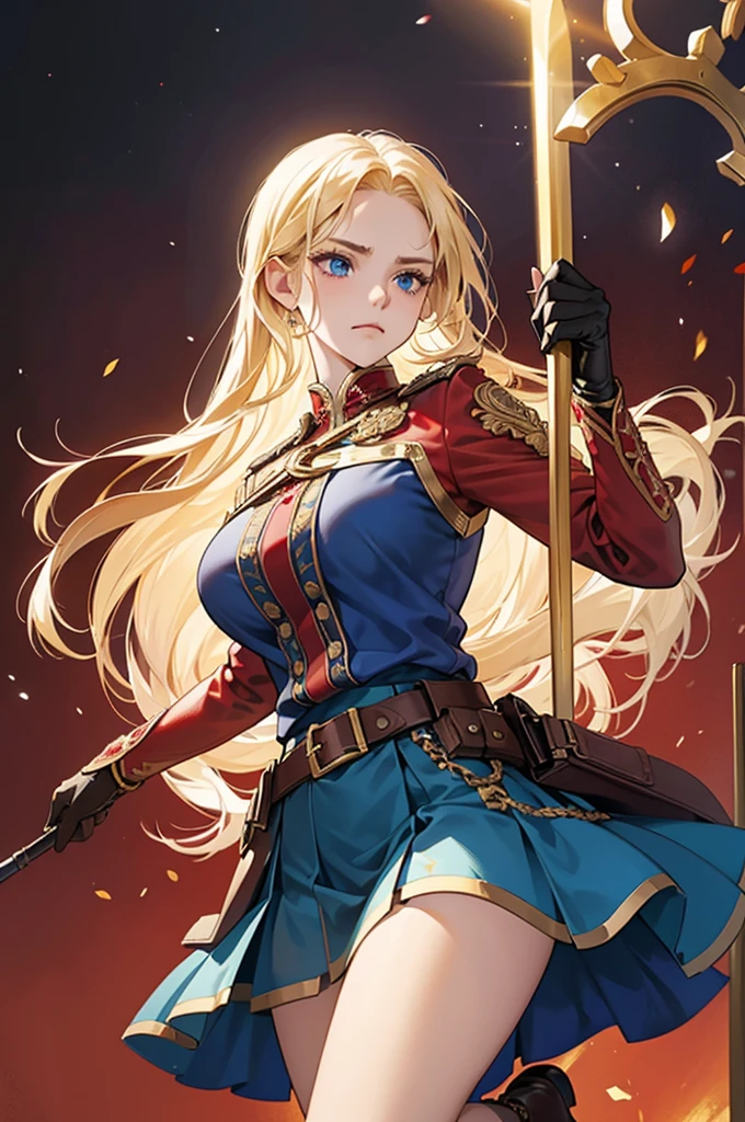 20-year-old girl, long blonde hair, blue eyes, angry expression, long dark blue skirt with gold embroidery at the hem, old-fashioned blue blouse with long fitted sleeves, adorned with red details, red leather gloves that reach her elbows, dark brown leather boots that reach mid-calf, leather belt adorned with a golden buckle and red details, her weapon is a huge greatsword with a gold and red decorated handle, hanging on her back in an ornate sheath.