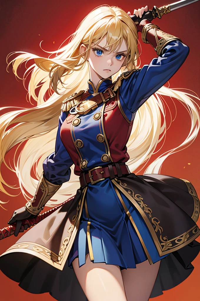 20-year-old girl, long blonde hair, blue eyes, angry expression, long dark blue skirt with gold embroidery at the hem, old-fashioned blue blouse with long fitted sleeves, adorned with red details, red leather gloves that reach her elbows, dark brown leather boots that reach mid-calf, leather belt adorned with a golden buckle and red details, her weapon is a huge greatsword with a gold and red decorated handle, hanging on her back in an ornate sheath.