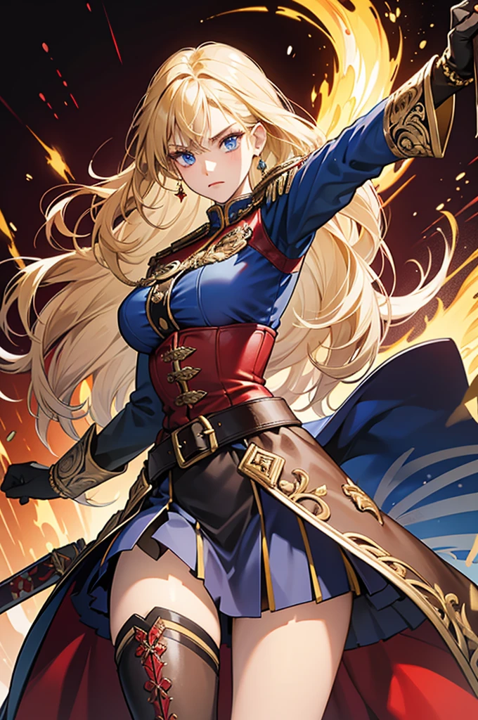 20-year-old girl, long blonde hair, blue eyes, angry expression, long dark blue skirt with gold embroidery at the hem, old-fashioned blue blouse with long fitted sleeves, adorned with red details, red leather gloves that reach her elbows, dark brown leather boots that reach mid-calf, leather belt adorned with a golden buckle and red details, her weapon is a huge greatsword with a gold and red decorated handle, hanging on her back in an ornate sheath.