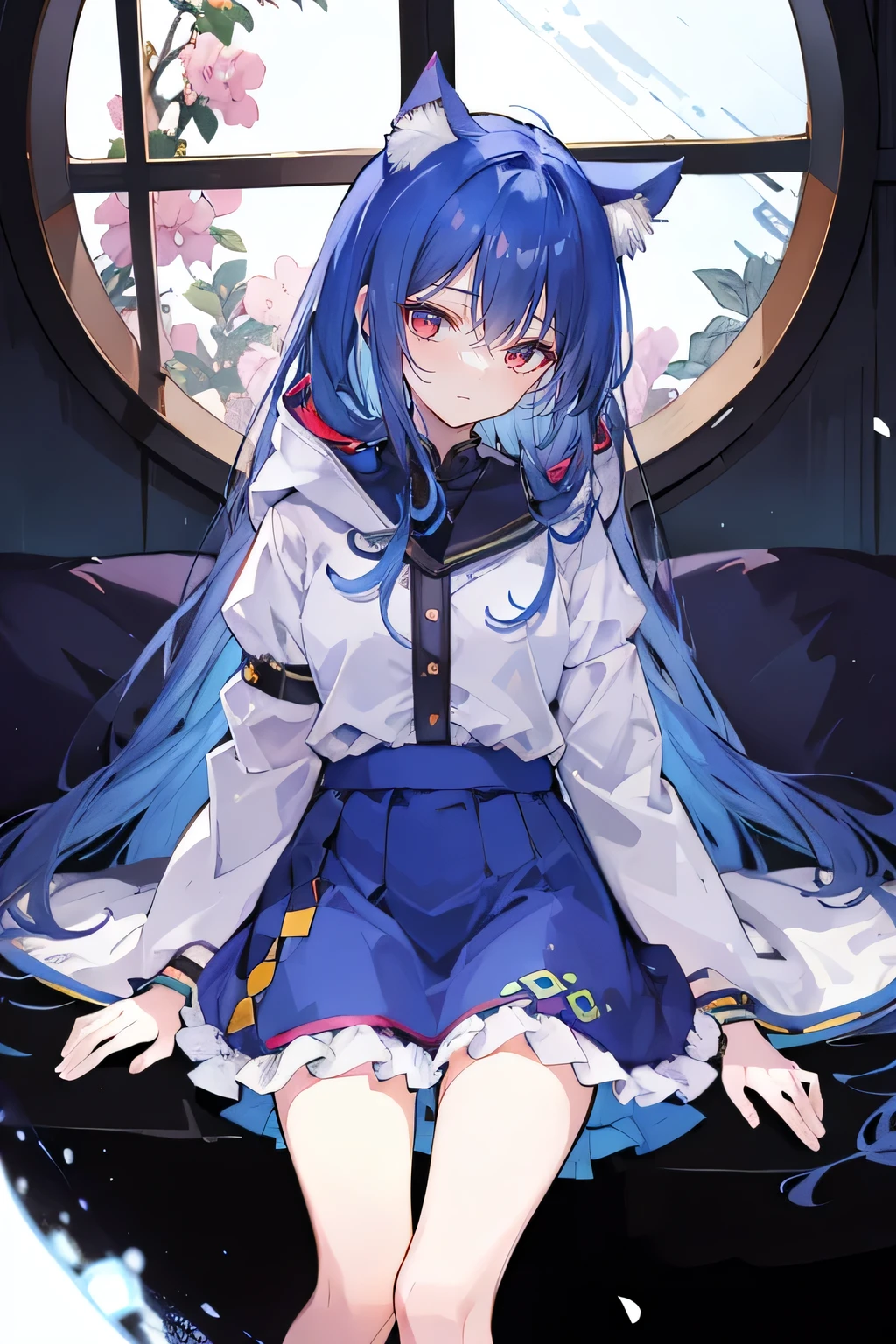 (masterpiece:1.2),Super detailed,lifelike,Expressive eyes,fair skin,perfect face shape,1 girl,
Japanese comics,Gorgeous blue hair,flowing blue hair,flowing clothes,Cat ears,Petals fall,beautiful lola,Baby Angel,
Shaking head with one hand,Cross your legs,Gentle and peaceful background,The pavilion is cool and comfortable,smile, wearing hoodie, In front of the window,snowing