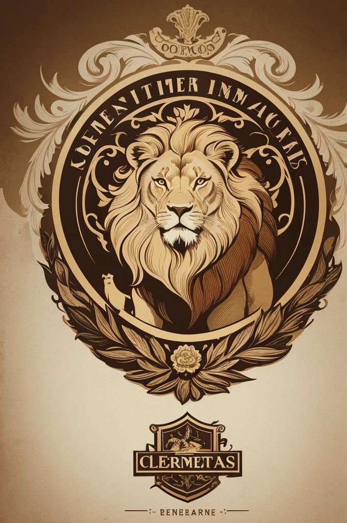 Por favor, create a vector logo of a lion with a vintage style. The image must convey a feeling of nobility and strength, incorporating classic and elegant elements. Use detailed, ornate lines to capture the essence of a vintage design. The lion must be in a majestic pose, with a detailed and expressive mane. Add decorative elements, as a shield or emblems, que complementem o design e reforcem o tema vintage. The color palette should be made up of classic and timeless tones, like golden, brown and ivory. The logo must be clear and impactful, Suitable for use in print and digital media.