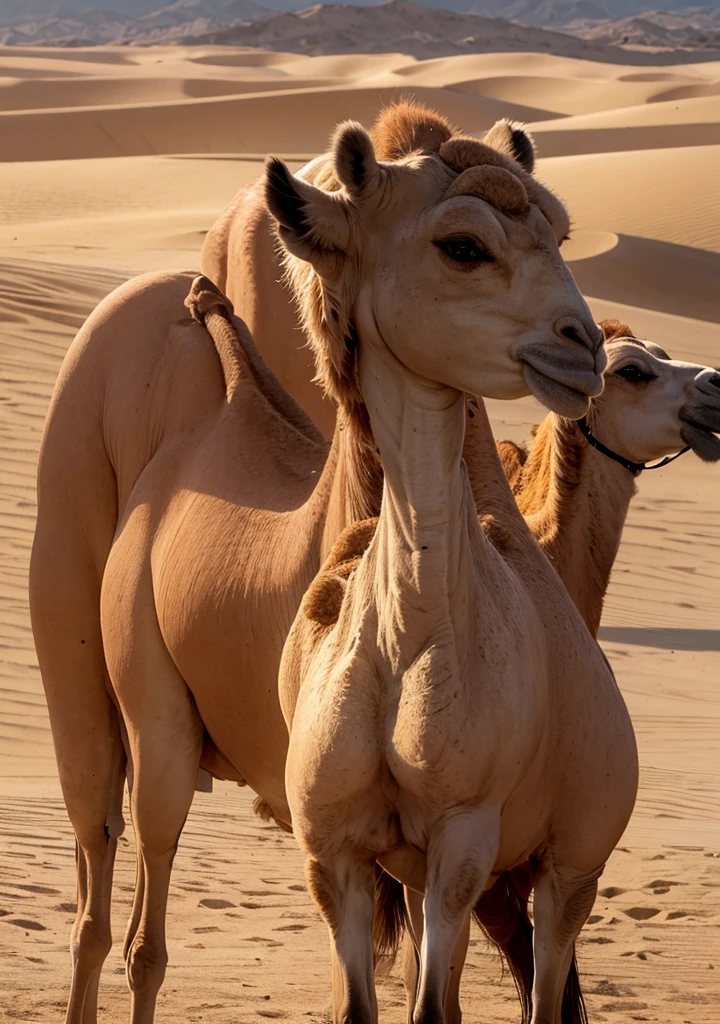 A friendly camel nudging a man in the desert.