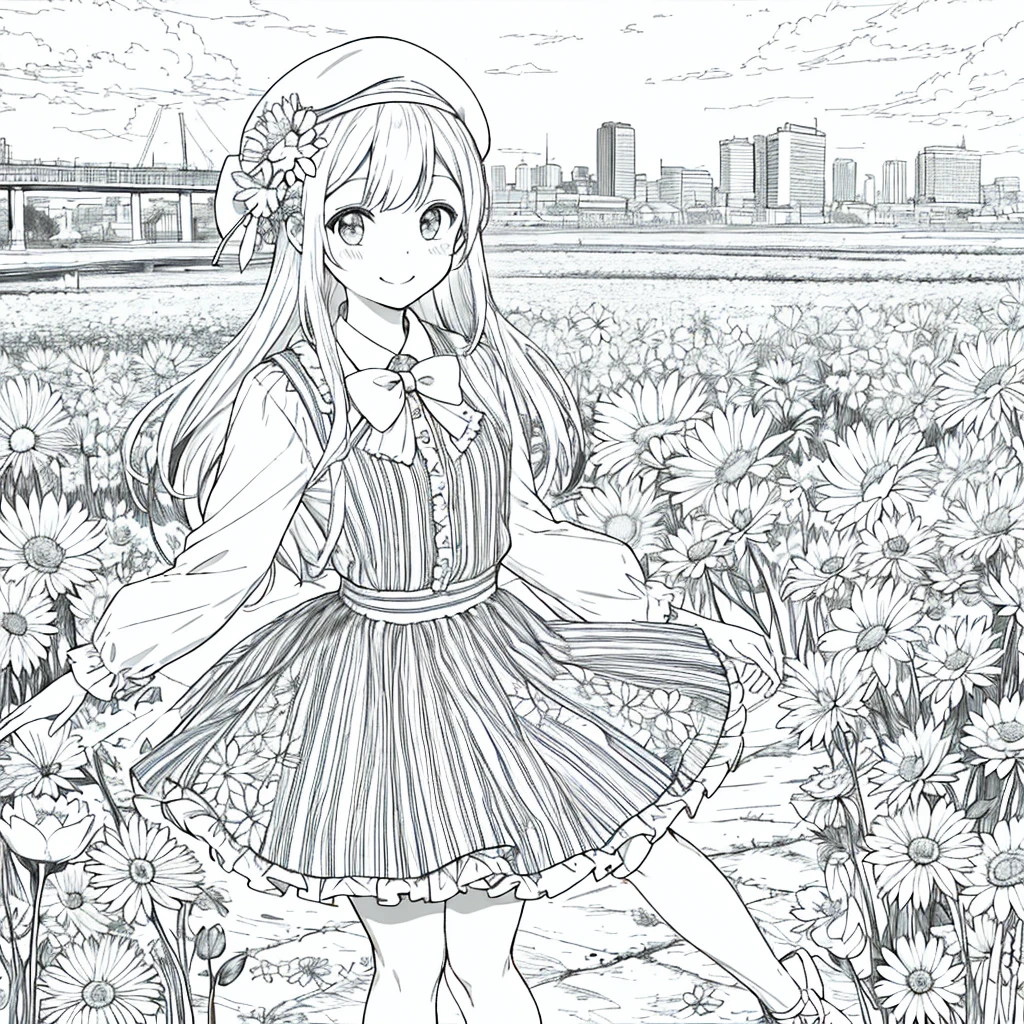 Raw work, Better Quality, Happy Barbie 1 piece, only, Long Hair, View the viewer, With a smile, stripe, skirt, shirt, Long sleeve, hat, wear, bow, Participation, Shut your mouth, flower, Frills, flower do cabelo, flowerびら, flower束, 固定flower, Central steering wheel, Food, flower固定ブーケ, Field, flower, city, Line art, Monochrome,