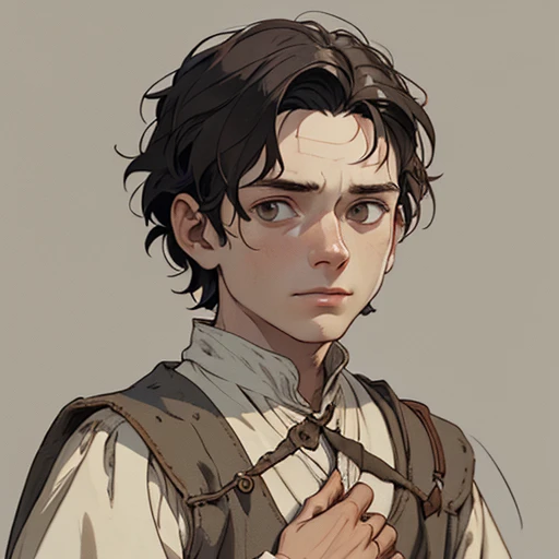 (masterpiece), (best quality),(portrait),(bust up),1boy,solo,(sharp focus),(look at viewer),Frodo Baggins, young boy,hobbit,ancient long clothes,(simple background),old school fantasy art,super shiny face,Ultra Glossy Skin,medieval farmer outfit,poor outfit,farmer,beige outfit,light from front