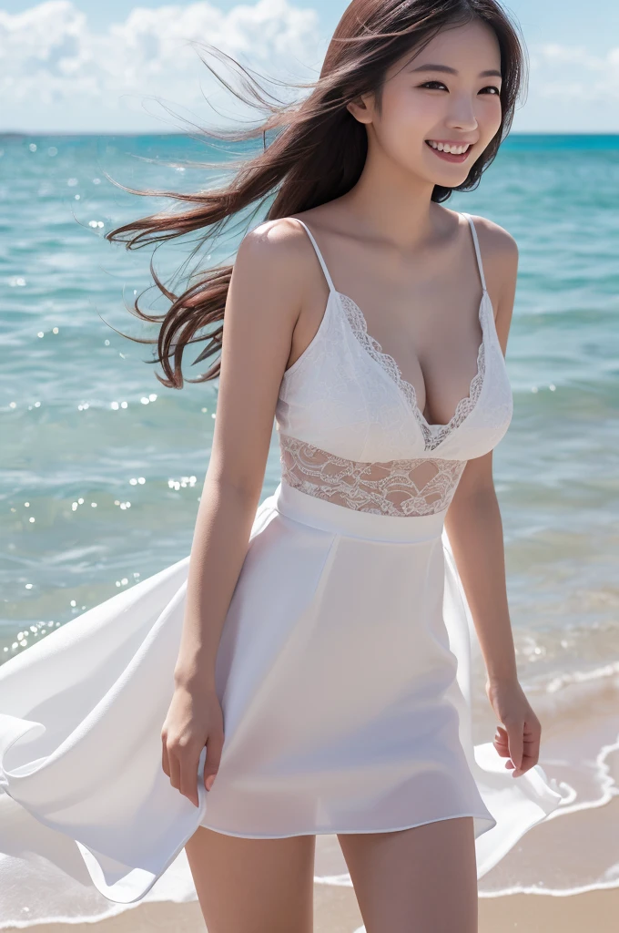 (8k, RAW photo, best quality, masterpiece:1.2), (realistic, photo-realistic:1.4), (extremely detailed 8k wallpaper), Japanese 20 age woman, she is wearing a white dress,The background is the sea,The wind blows my skirt up,she is smiling